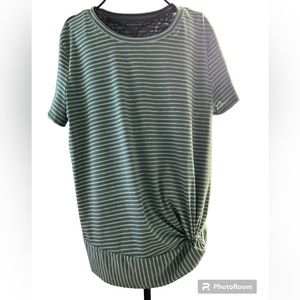 St. John’s Bay green striped top with cinch knot at the bottom edge.